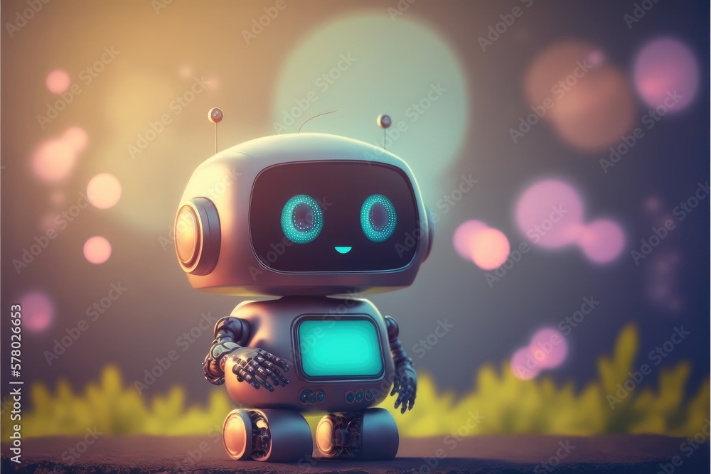Poster cute chat robot assistance isolated on colorful blur background. concept of future robotic innovatio