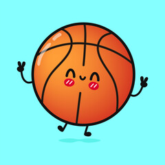 Cute funny jumping basketball. Vector hand drawn cartoon kawaii character illustration icon. Isolated on blue background. Basketball ball character concept