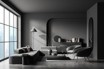 Grey living room interior with couch, armchairs and panoramic window