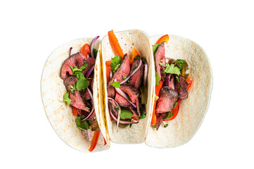 Fototapeta Homemade Mexican Steak Steet Tacos with Cilantro, green sauce, jalapenos and onion.  Isolated, transparent background obraz