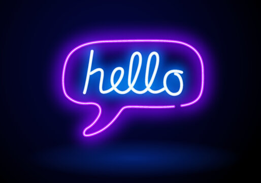 Hello neon lettering. Shiny simple calligraphy. Welcome signboard. Glowing effect banner.