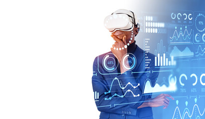 Pensive man in VR glasses using financial interface