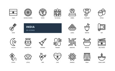 india country culture religion travel and tourism with food landmark element detailed outline line icon set