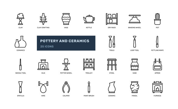 pottery and ceramic handcraft making porcelain handmade art vase pot detailed outline line icon set