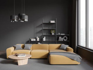 Grey chill interior with couch, shelf with decor and panoramic window