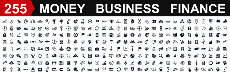 Set of 255 business icons. Money, Business and Finance web icons isolated. Money, contact, bank, check, auction, exchange, payment, wallet, deposit, piggy, calculator, coin and many more - vector - obrazy, fototapety, plakaty