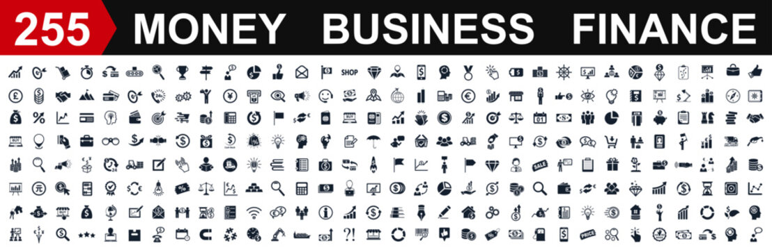 Set of 255 business icons. Money, Business and Finance web icons isolated. Money, contact, bank, check, auction, exchange, payment, wallet, deposit, piggy, calculator, coin and many more - vector