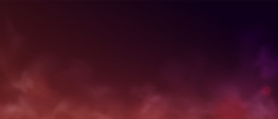 Smoke from the fire. Red color. Fog backgorund. White isolated transparent mist or smog effect. Raised dust. Clouds. Realistic template. Vector illustration eps10.