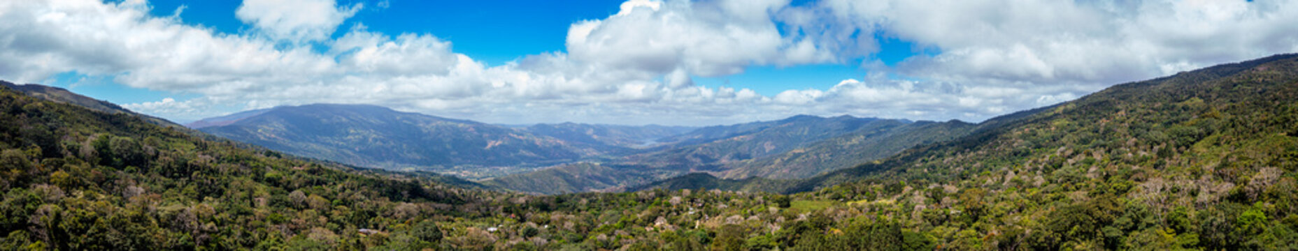 Aerial panoramic view of Canoabo Valley on a sunny. Altos de Carabobo, Venezuela. View from Hummingbird Sanctuary.