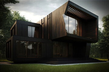dark wooden villa in bauhaus style