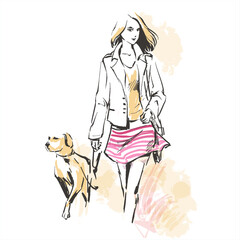 Vector fashion sketch Walking with dog 