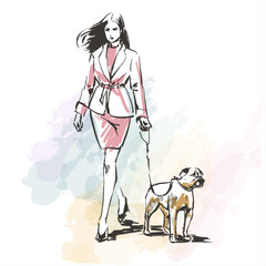 Vector fashion sketch Walking with dog 