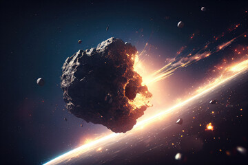 Epic asteroid collision explosion in space, NASA probe explosion crash, satellite, extinction. Generative AI