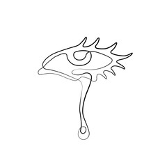 Eye with a tear continuous line drawing, tattoo, print for clothes and logo design, silhouette single line on a white background, isolated vector illustration.