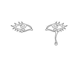 Eyes with a tears continuous line drawing, tattoo, print for clothes and logo design, silhouette single line on a white background, isolated vector illustration.