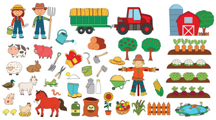 set of color children Vector illustration of Farming supplies and equipment with Farmers, barn, animals, and tractor. Farm concept with plants, fruits, vegetables and other organic products