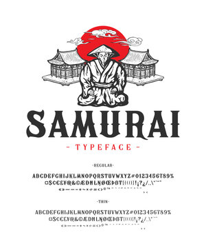 Vector vintage font Samurai. Letters and numbers