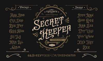 Vector font Secret Keeper. Letters and numbers - obrazy, fototapety, plakaty