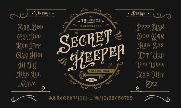 Vector font Secret Keeper. Letters and numbers
