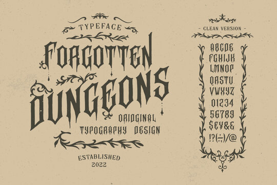 Vector vintage font Dungeon. Letters and numbers