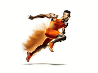 Afroamerikanischer Läufer in Startposition mit orangem Outfit, generative KI