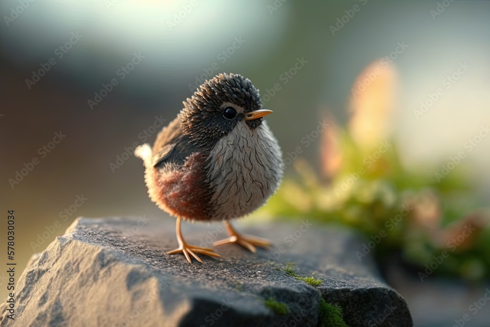 Poster close-up of a little bird perched on a stone against a hazy backdrop generative ai