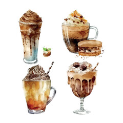 Hand drawn coffee set watercolor illustration on white background for banners,Wallpaper, invitation, posters, brochure, voucher discount, menu