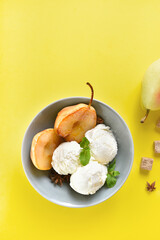 Poached pears with ice cream