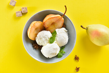 Poached pears with ice cream
