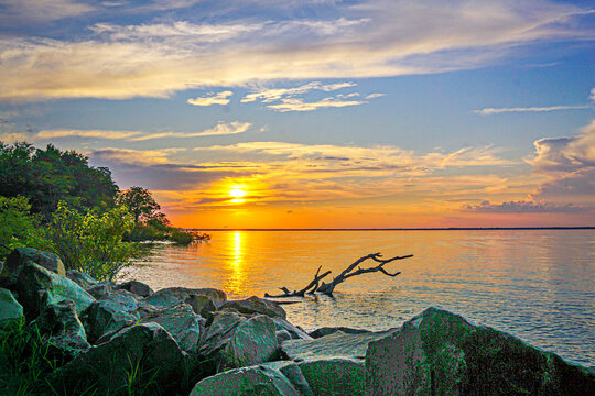 Sunset over a calm lake