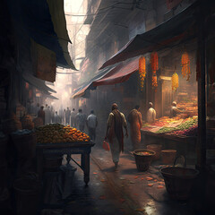 Obraz na płótnie Canvas A Vibrant Indian Market with Fruits, Vegetables, and Snacks Galore Created Using Generative Ai