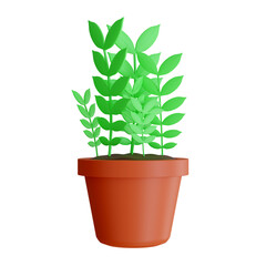 Plant with leaves in pot. Gardening concept. Cartoon minimal style. 3d render illustration.