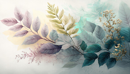 Botanical Beauty, Pastel Backgrounds with Leaves and Flowers Created Using Generative Ai