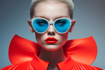 Fototapeta na wymiar Blond female adult model wearing a red suit and blue and white sunglasses on a blue background, Beauty fashion concept, Generative Al