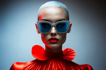 Fototapeta na wymiar portrait of a female adult model wearing a red suit and sunglasses, Beauty fashion concept, Generative Al