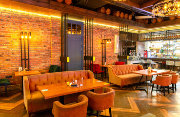 Interior of a modern cozy restaurant with an original design