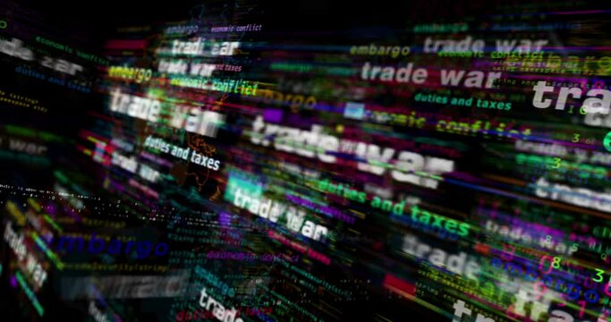 Trade war media and abstract screen 3d seamless looped. Fly between glitch and noise text concept of global commerce politics and tariff confrontation. 