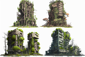 set of skyscraper ruins overgrown with grass after the war