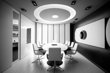 round table office meeting room with comfortable white chairs