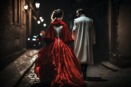 back view of a couple of woman in red dress and man in white costume walking in the street at night, generative ai