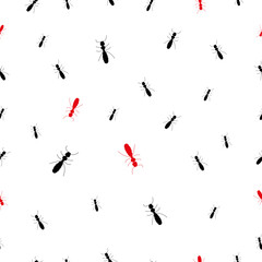  Ant trail silhouette seamless pattern, a path of insects in search of food. Black and red ants