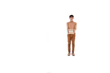 Cheerful attractive student. Guy with textbooks on a white background.