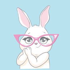 Cute little rabbit with pink glasses. Sweet Girl slogan. Funny bunny face. Vector illustration for children print design, kids t-shirt, baby wear
