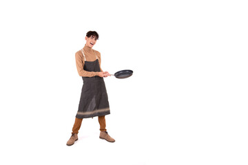 Cheerful attractive chef. Guy with a frying pan on a white background.