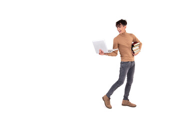 Funny young man with a laptop. White background.