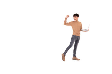 Funny young man with a laptop. White background.