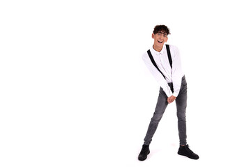 Cheerful attractive young man. The guy dreams of a vacation. White background.