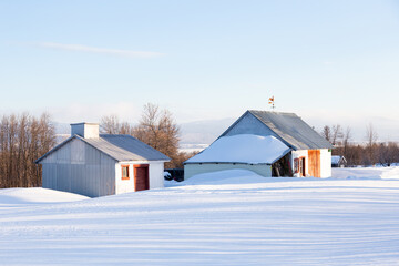 Early morning winter selective focus view of metal-clad barns in snowy field, with the Laurentian mountains in the background, St. François, Island of Orleans, Quebec, Canada