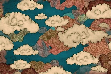 Cloud sky vintage, japanese style art background (ai generated)
