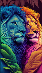 Gay lion couple in the jungle. LGBT representation. Created with Generative Al technology